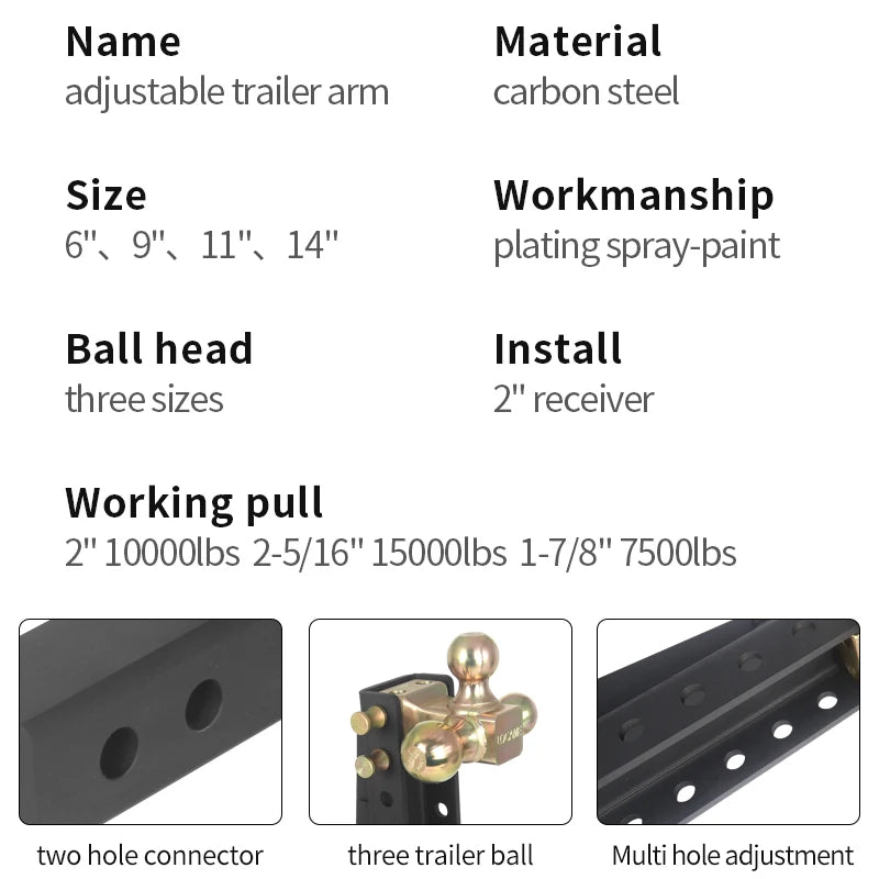 Heavy Duty Steel Trailer Hitch Adjustable Tri-Ball 6in Trailer Arm Hitch Style Refit Tow Hook Parts Camp Trailer Car Accessories 2
