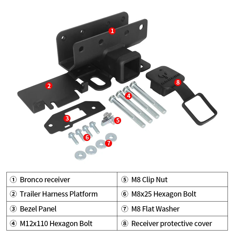 For Ford Bronco Steel Cat Tow Receiver With 2-inch Square Mouth Parts Towing Hook Vehicle Trailer Hitch Accessories Rear Bumper 4