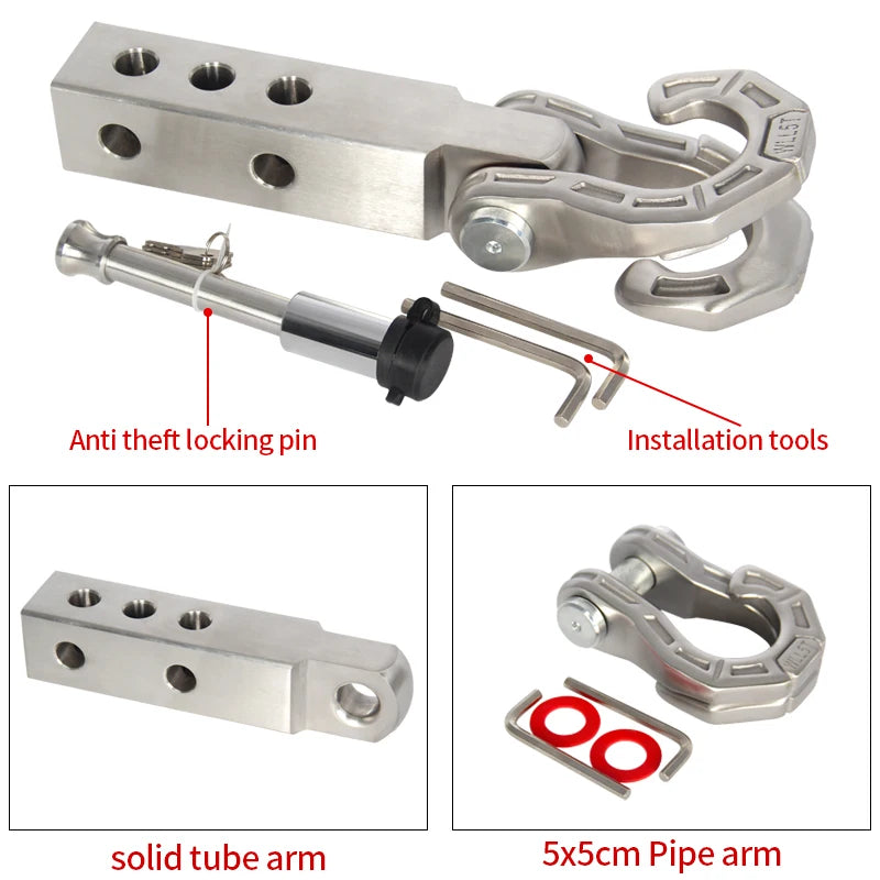 New Silver Stainless Steel Trailer Arm Release Tow Hook 5cm X 5cm Tube Arm 2inch Receiver Hitch 11000 LBS Load Capacity 3
