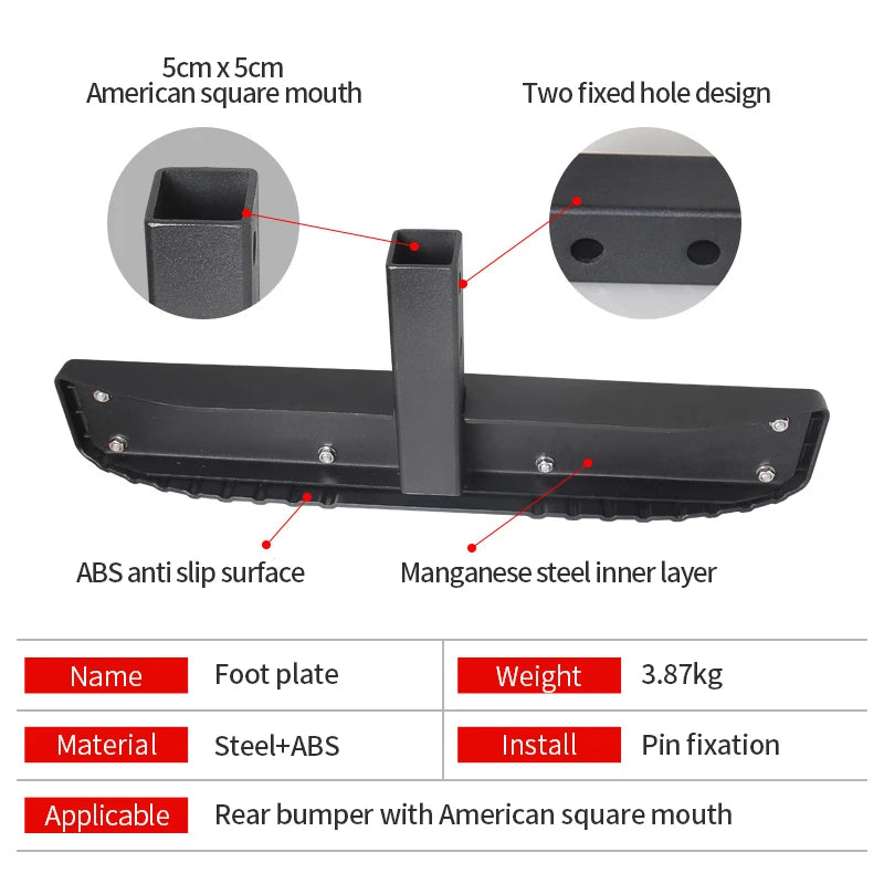 New Black Rear Bumper American Square Foot Pedal Applicable 2-inch Trailer Hitch Steel+ABS 200kg Max Payload Off-Road 3