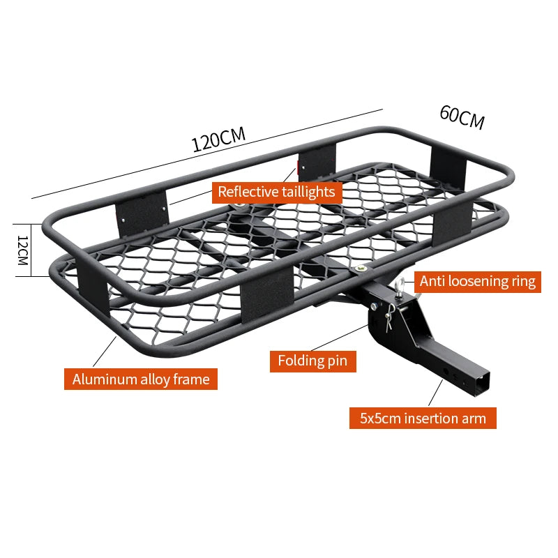 4x4 Offroad Car Black Aluminium Alloy Hitch Mount Luggage Basket 5x5cm square Quick Insertion for 2-inch Square Mouth Base 6
