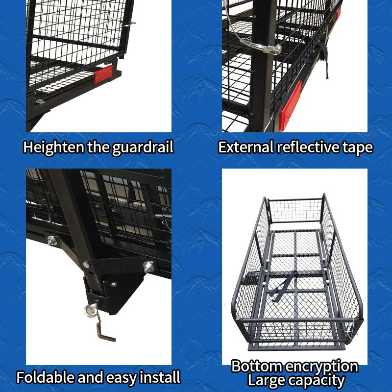 High Guardrail Folding Luggage Basket Car Luggage Frame Hitch Rack for Travel Camping SUV Trailer Hitch Camp Trailer Accessories 4