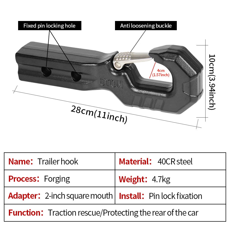 New Heavy Duty Steel Forged 8Ton 2inch Off-Road Rescue Trailer Hitch Refit Part Tow Hook Trailers Arm Car Accessories 2