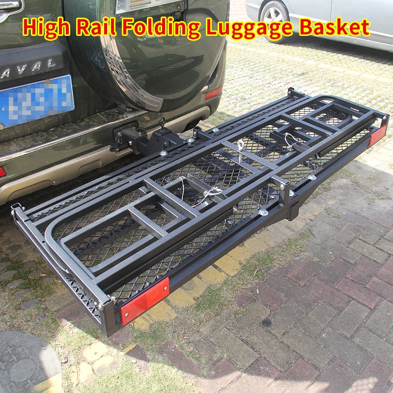 High Railing Folding Luggage Rack Cargo Carrier for Rear Bumper 2inch Receiver Trailer Hitch High Side Cargo Basket Accessories 1