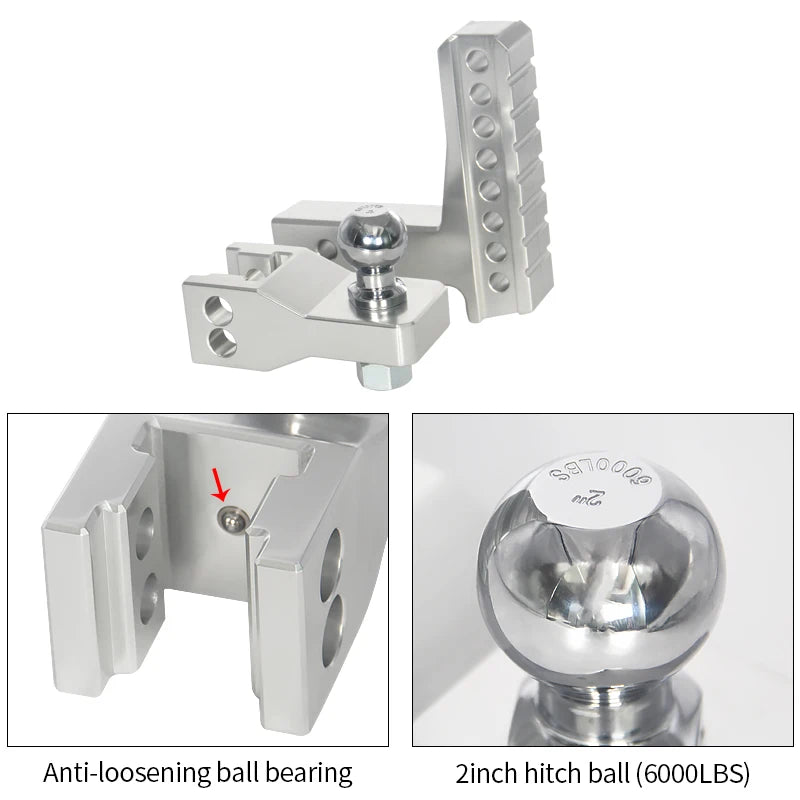 Aluminum Alloy 2inch Tow Ball Trailer Hitch 6inch Tow Arm 2inch Receiver Tow Hook Silver High Quality 6000LBS Off-road 4