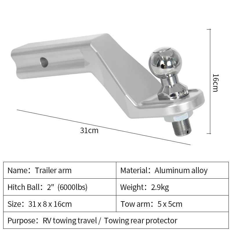 Aluminum Alloy 4 Inch Trailer Arm with 2-Inch Ball Off-road Refit Trailer Hitch Parts Tow Hook Trailers Car Accessories 2