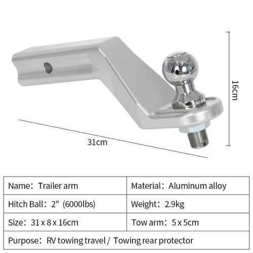 Aluminum Alloy 4 Inch Trailer Arm with 2-Inch Ball Off-road Refit Trailer Hitch Parts Tow Hook Trailers Car Accessories 2