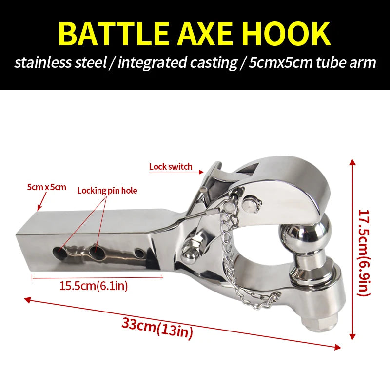 Stainless Steel Cast Battle axe Trailer Hook 5cm X 5cm Tube Arm Parts Off-road Refit Trailer Hitch Car Tow Hook Accessories 3